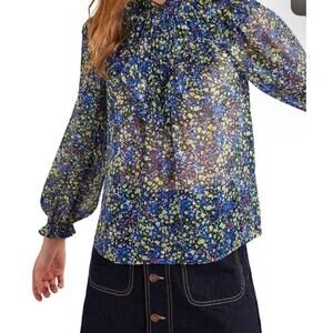BODEN V Yoke Flounce Sheer Top High Neck Pleated Front Floral Size 16/18 Fairy